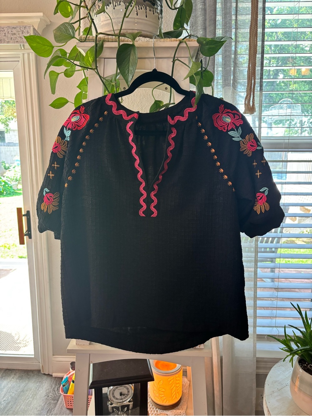 Embroidered Black Peasant Tunic with Pink Trim